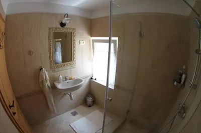 a bathroom with a glass shower and a sink at Rock&Lodge in Bohinj