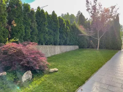 a garden with a stone fence and a grass yard at Maline Apartments in Bled