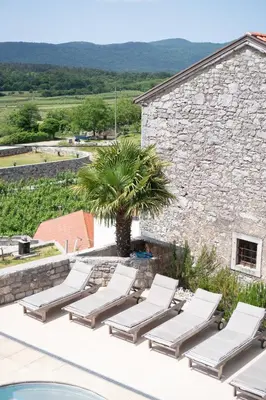 a row of lounge chairs and a palm tree on a patio at Apartment Trieste HerMes arT in Sežana