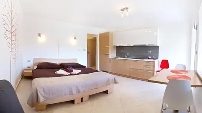 a bedroom with a large bed and a kitchen at Zenja Apartments - Free Private Parking - Škocjan caves - Cozy garden in Divača