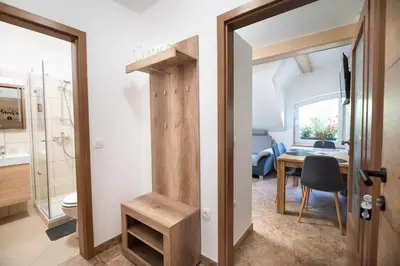 a room with a bathroom and a table with a chair at Apartments Grad Kamen in Begunje na Gorenjskem