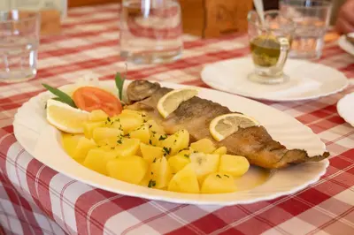 a plate of food with fish and fruit on a table at Penzion Rožič in Bohinj
