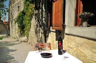 a bottle of wine sitting on a table with wine glasses at Blackbird House Štanjel Historic Center in Štanjel