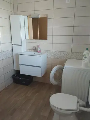 a bathroom with a white toilet and a sink at Apartma Dominik in Zgornje Gorje