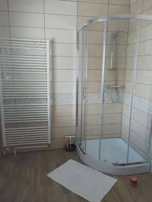 a shower with a glass door in a bathroom at Apartma Dominik in Zgornje Gorje