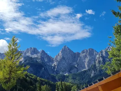 a view of the mountains from our balcony at Apartmaji Gaby in Gozd Martuljek