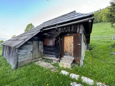 an old wooden cabin in a field of grass at Mountain Lodge Suška Koča in Stahovica