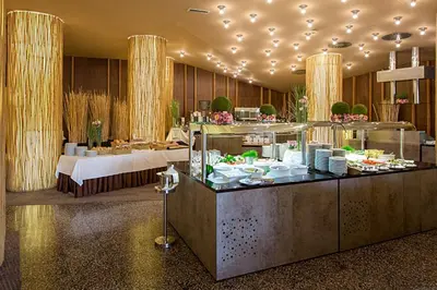 a restaurant with a buffet in a hotel room at Duplex Penthouse Aparthotel Rosa in Podčetrtek
