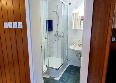 a bathroom with a shower and a toilet and a sink at Planinski Dom na Travni Gori in Sodražica