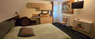 a small room with a bed and a kitchen at Planinski Dom na Travni Gori in Sodražica