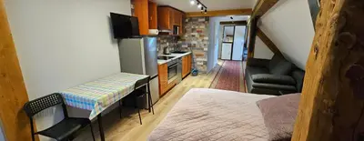 a small room with a kitchen and a living room at Planinski Dom na Travni Gori in Sodražica