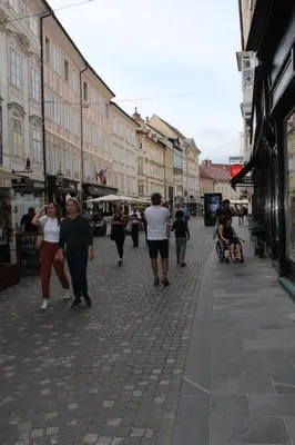 a group of people walking down a city street at Lovely Old City-Center Apartment in Ljubljana