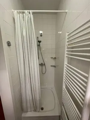 a white bathroom with a shower and a tub at Apartment VilaPark 14 in Rogaška Slatina