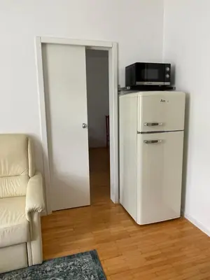 a living room with a microwave on top of a refrigerator at Apartment VilaPark 14 in Rogaška Slatina