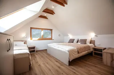 a bedroom with two beds and a window at Apartments Izvir in Bohinj