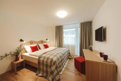 a hotel room with a bed and a television at Apartments and Rooms Kaja in Kranjska Gora