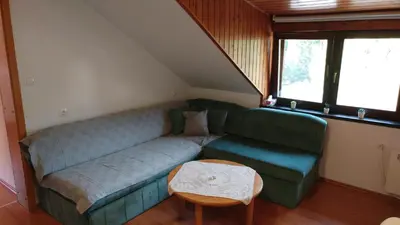 a living room with a green couch and a table at Ajda apartment in Kranjska Gora