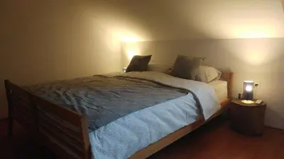 a bedroom with a bed and a night stand with a lamp at Ajda apartment in Kranjska Gora