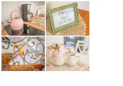 a collage of photos with a picture of a tea set at Apartmaji Urška in Laško