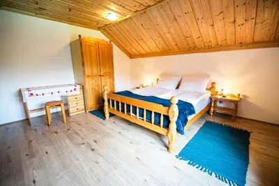 a bedroom with a bed and a wooden ceiling at Country House Sara in Rečica ob Savinji