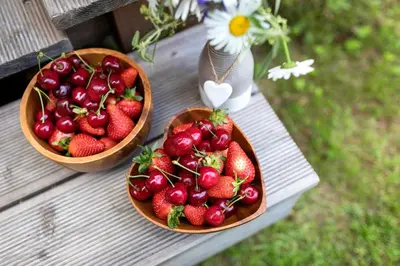 two bowls of strawberries and a vase with flowers at Glamping Health Resort in Kamnik