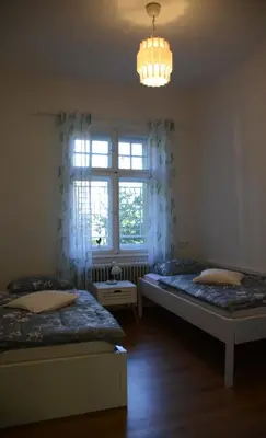 a bedroom with two beds and a window and a chandelier at Flower valley in Ljubljana