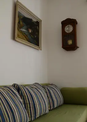 a picture on the wall next to a couch and a clock at Flower valley in Ljubljana