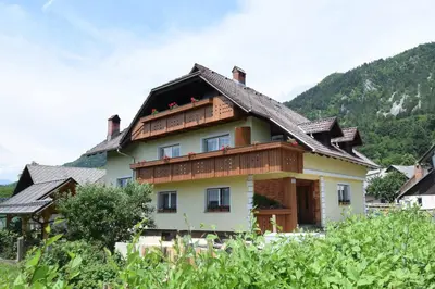 a large house with a mountain in the background at Apartment & Room Pristov in Žirovnica