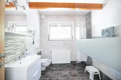 a white bathroom with a toilet and a sink at Apartment & Room Pristov in Žirovnica
