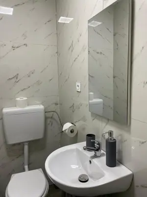 a bathroom with a sink and a toilet and a mirror at Panda Rooms in Maribor