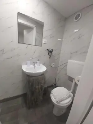 a bathroom with a sink and a toilet and a mirror at Panda Rooms in Maribor