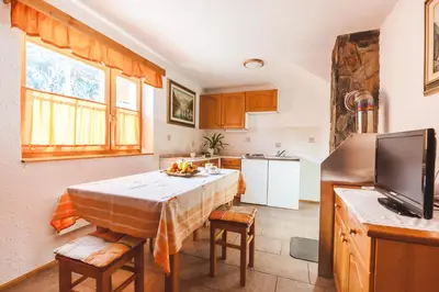 a kitchen with a table and a tv in a room at POHORJE HOUSE Rogla 2 in Oplotnica