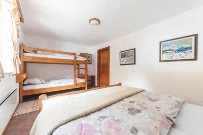 a bedroom with a bed and a bunk bed at POHORJE HOUSE 2 FOUR APPARTMETNS in Oplotnica