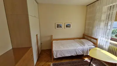 a small bedroom with a bed and a window at Apartment Ajdna in Žirovnica