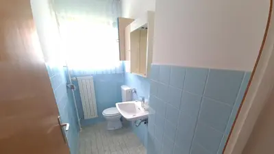 a blue bathroom with a sink and a toilet at Apartment Ajdna in Žirovnica