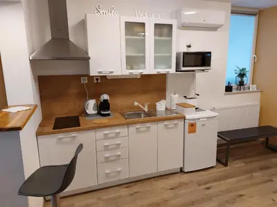 a small kitchen with white cabinets and a sink at Apartments Alexandra in Celje