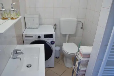 a bathroom with a washing machine and a toilet at COMFY and BRIGHT Apartment in Kranj