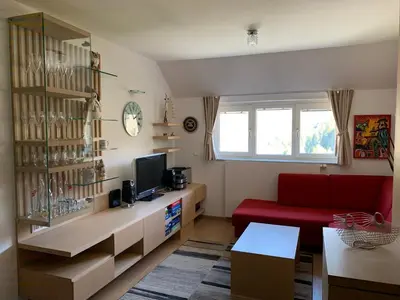 a living room with a red couch and a tv at Apartment MIMI in Kranjska Gora