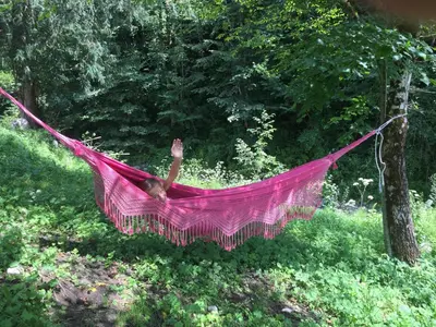 a woman lying in a hammock in a garden at Bohinj Barn in Bohinj