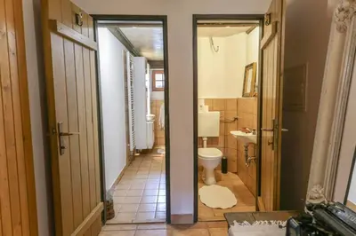 a bathroom with a toilet and a sink at Lake House with a View in Šmartno v Rožni Dolini