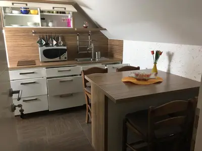 a kitchen with a counter with a microwave and a table at APARTMA AJDA in Kranj