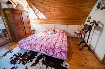 a bedroom with a pink bed in a wooden room at Authentic Countryside Villa with Hot tub in Veliki Kamen