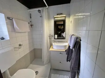 a bathroom with a shower and a sink and a toilet at Peaceful Nature Cabin Jolly in Mozirje