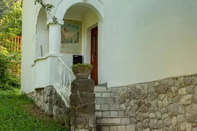 a building with a stone wall and a door with a plant at Alpeambient house Dovje in Mojstrana