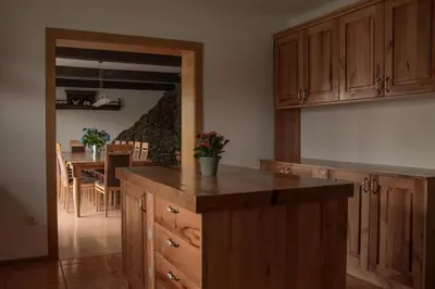 a kitchen with wooden cabinets and a dining table at Ranch Kamovci21 in Dobrovnik