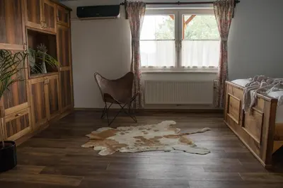 a room with a rug and a chair and a window at Ranch Kamovci21 in Dobrovnik