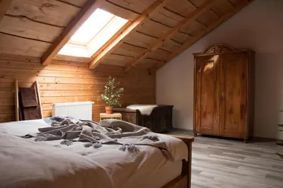 a bedroom with a bed in a room with a window at Ranch Kamovci21 in Dobrovnik