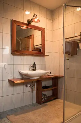 a bathroom with a sink and a mirror at Ranch Kamovci21 in Dobrovnik