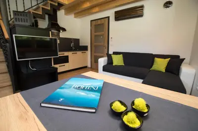 a living room with a laptop on a table at Apartments Alp in Bohinj