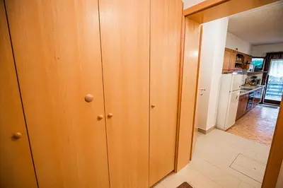 a room with wooden cabinets and a kitchen at Tree Top Rogla Apartment in Zreče
